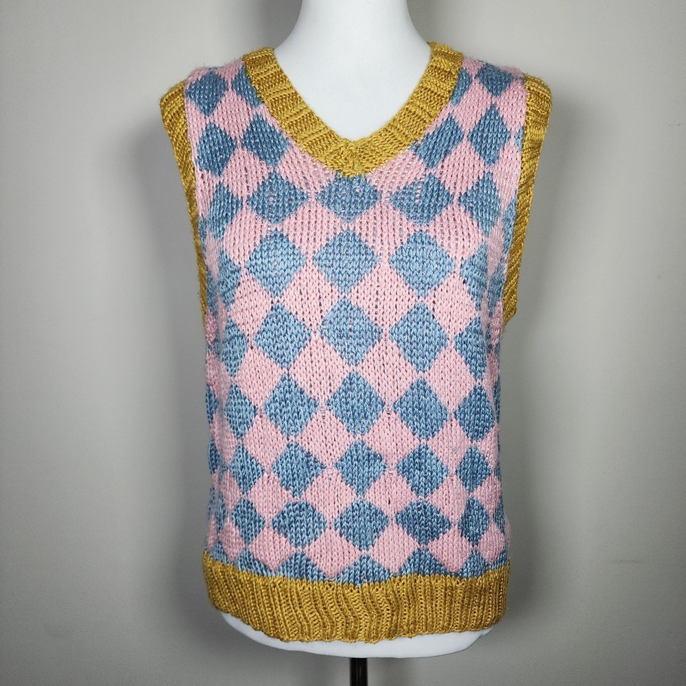 Vintage Sweater Vest Womens S M Pink Blue Cotton Knit Kitsh Grandma Y2K Handmade